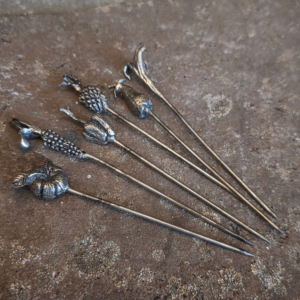 Vintage Bar ware MCM Cocktail Picks Set of 6 Nickle Silver Appetizer Skewers